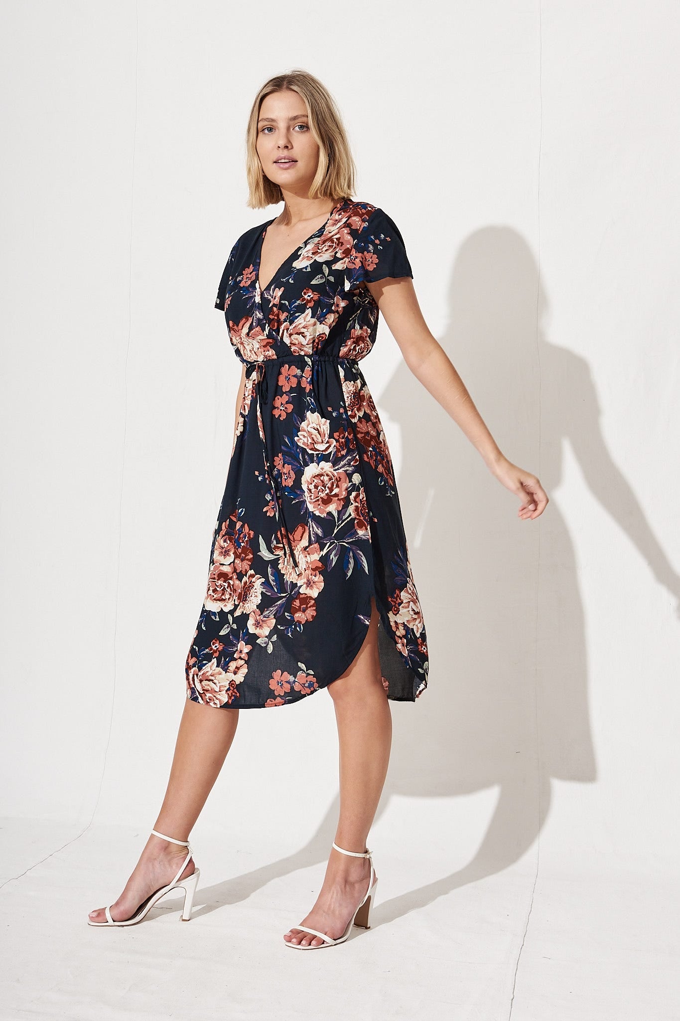 Billie Dress in Navy with Rust Floral ...